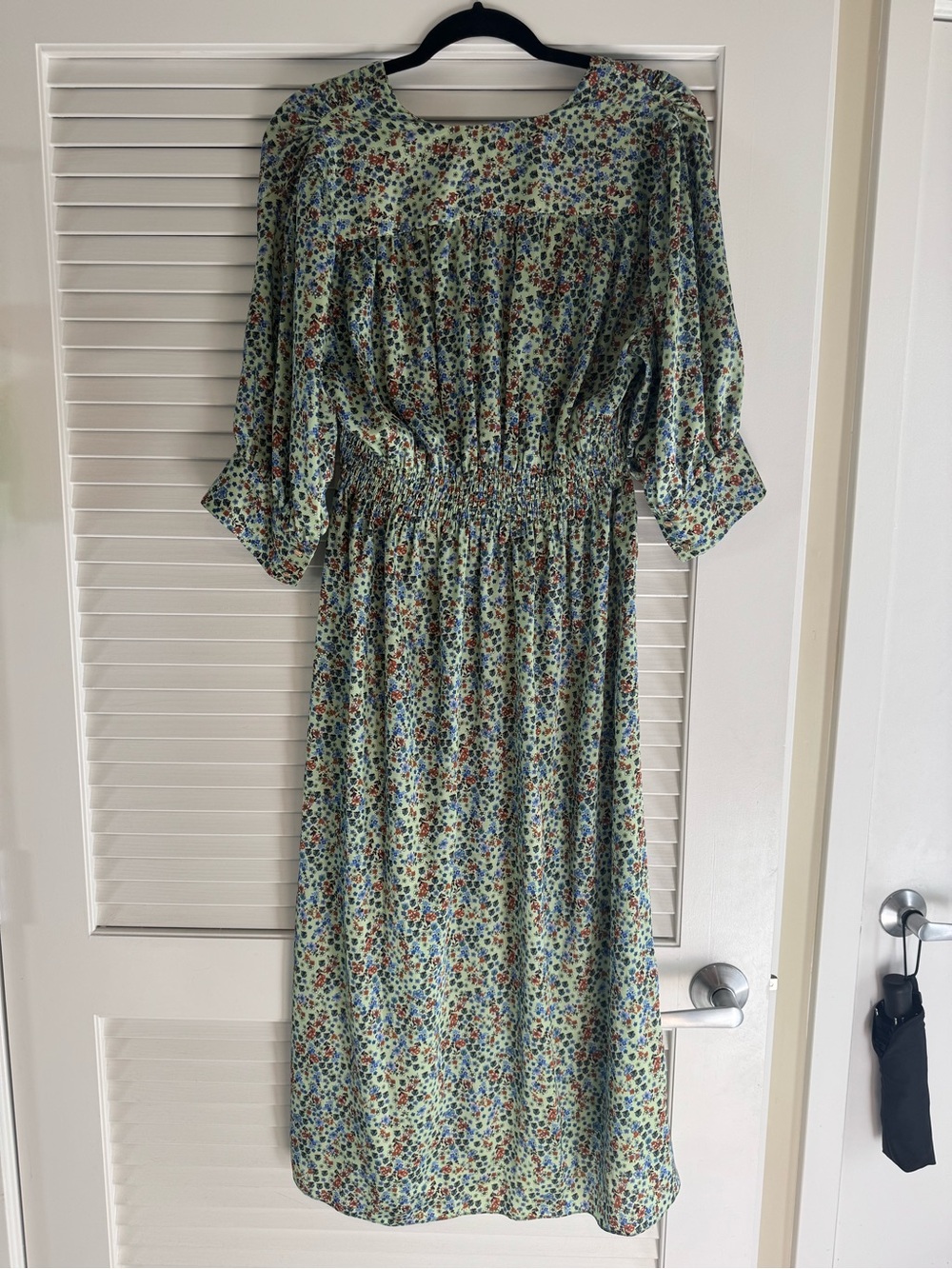 Sandro Light Green Floral Midi Dress with Smocked Bodice - Picture 3 of 5
